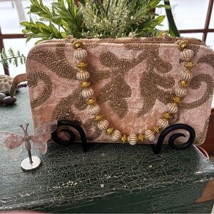 Elegant Beige and Gold Women's Clutch with Beaded handles